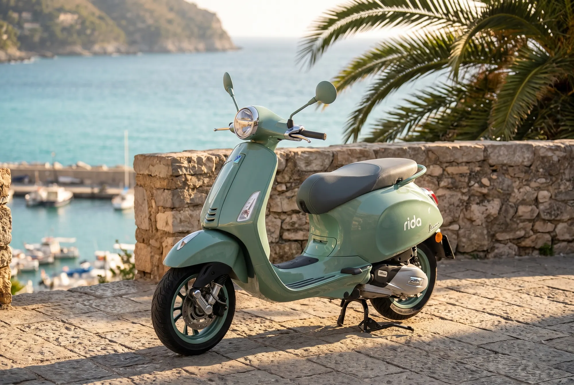 rida Vespa Primavera parked by the harbour