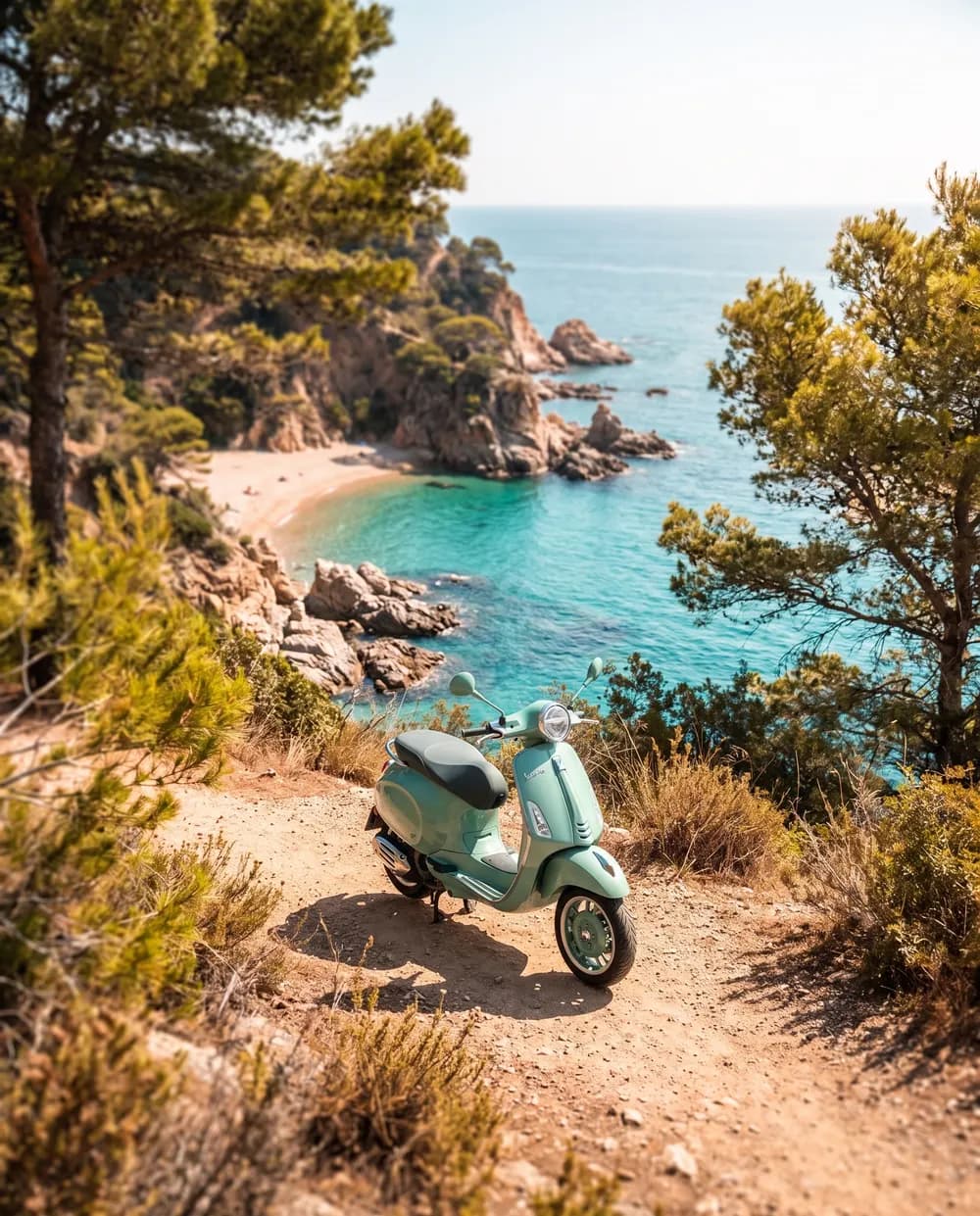 Vespa rida sur un belvédère au-dessus d’une crique de la Costa del Sol