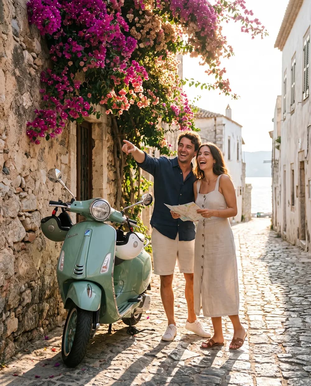 Couple consultant une carte à côté de leur Vespa rida dans un village