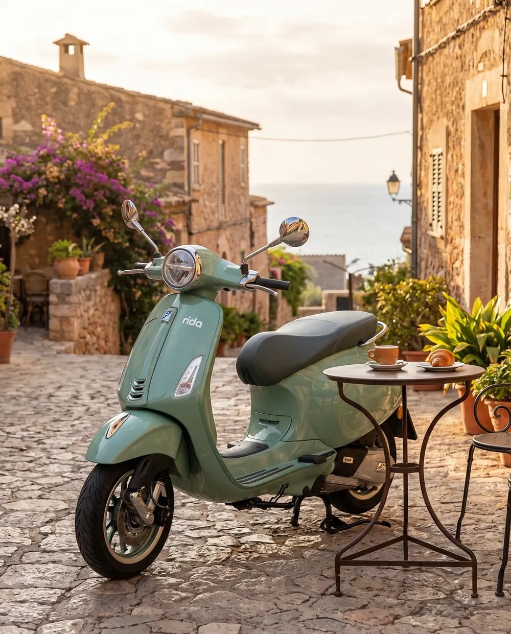 Vespa rida garée à la terrasse d’un café dans un village blanc